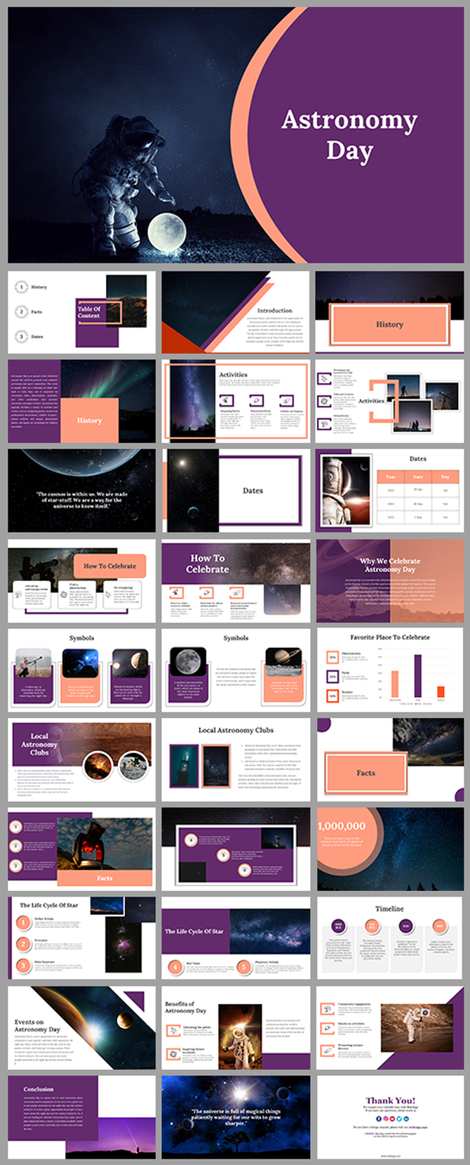 Astronomy themed slide deck with purple and orange accents, showcasing stars, astronauts, charts, and informative content.