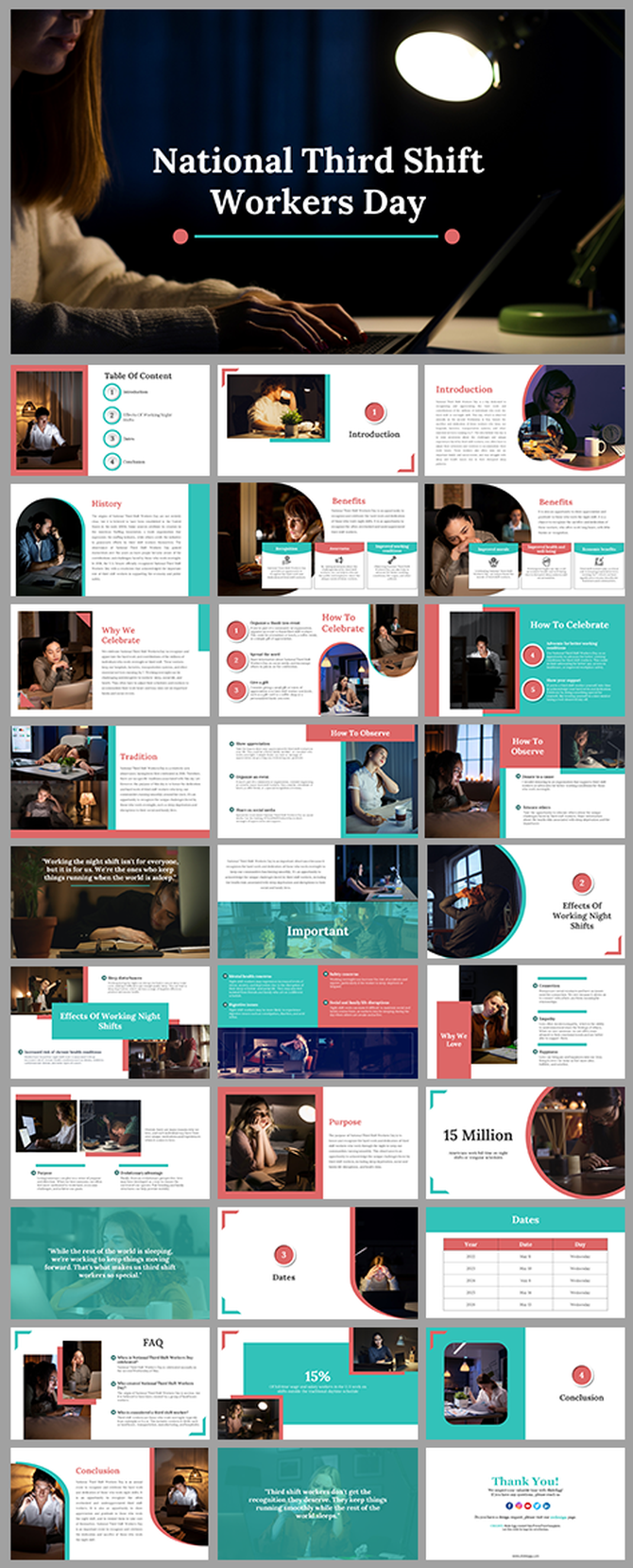 Slide deck celebrating National Third Shift Workers say, highlighting the history, benefits, and challenges of workers.