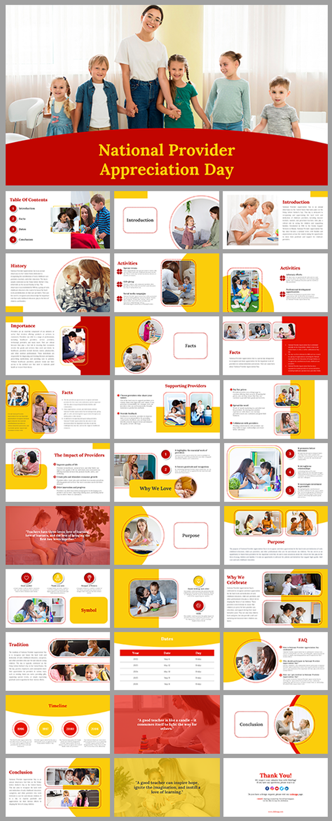 National Provider Appreciation Day slide deck with yellow red theme, child care visuals, and placeholders text areas.