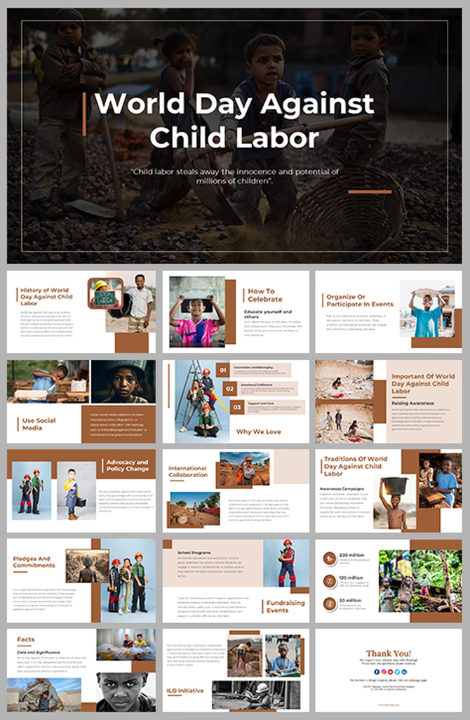 Slide deck on world day against child labor, featuring images, facts, event ideas, and advocacy information in brown theme.