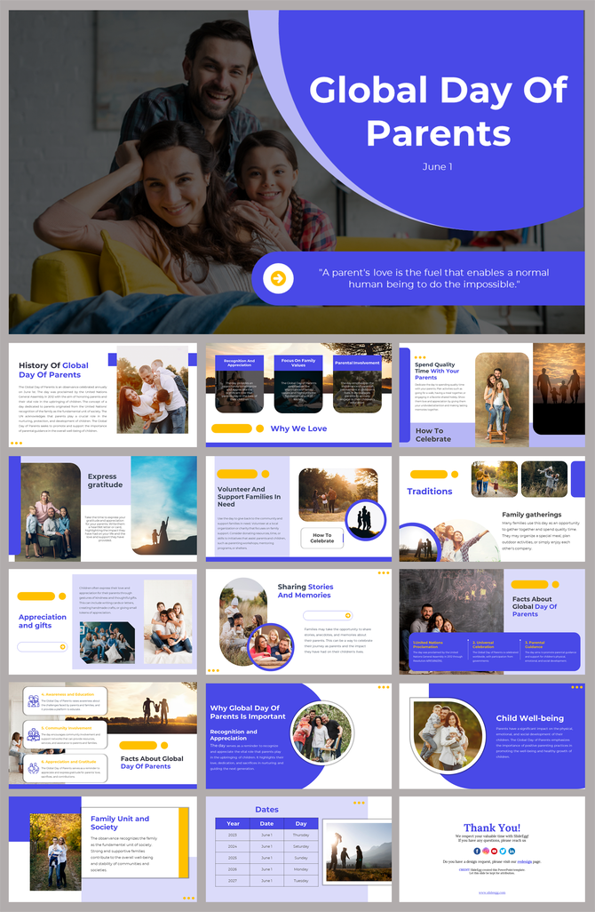 A colorful PowerPoint celebrating Global Day of Parents with images of families, quotes, and detailed slides on traditions.