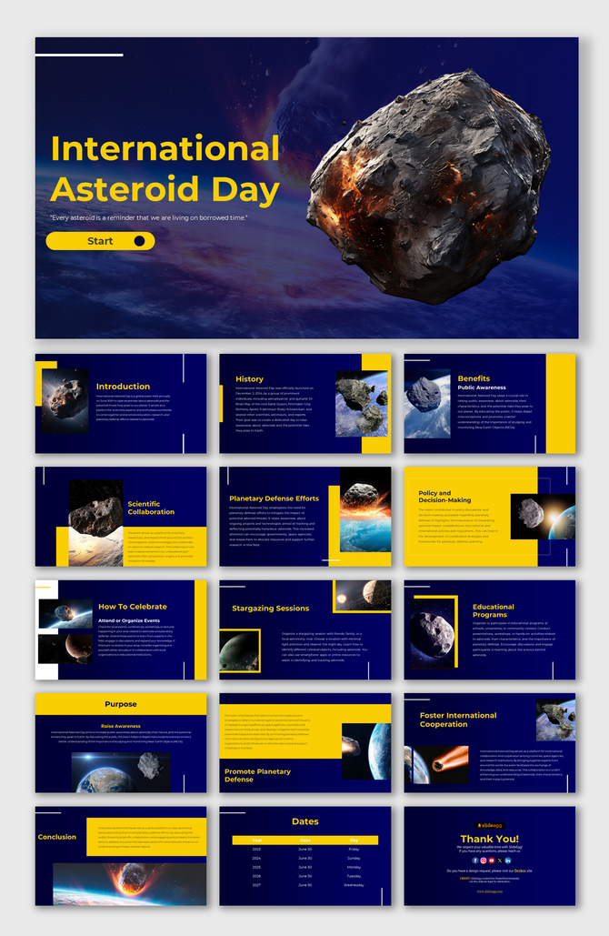 Engaging slide deck for International Asteroid day, highlighting asteroid history, benefits, planetary defense, and ideas.