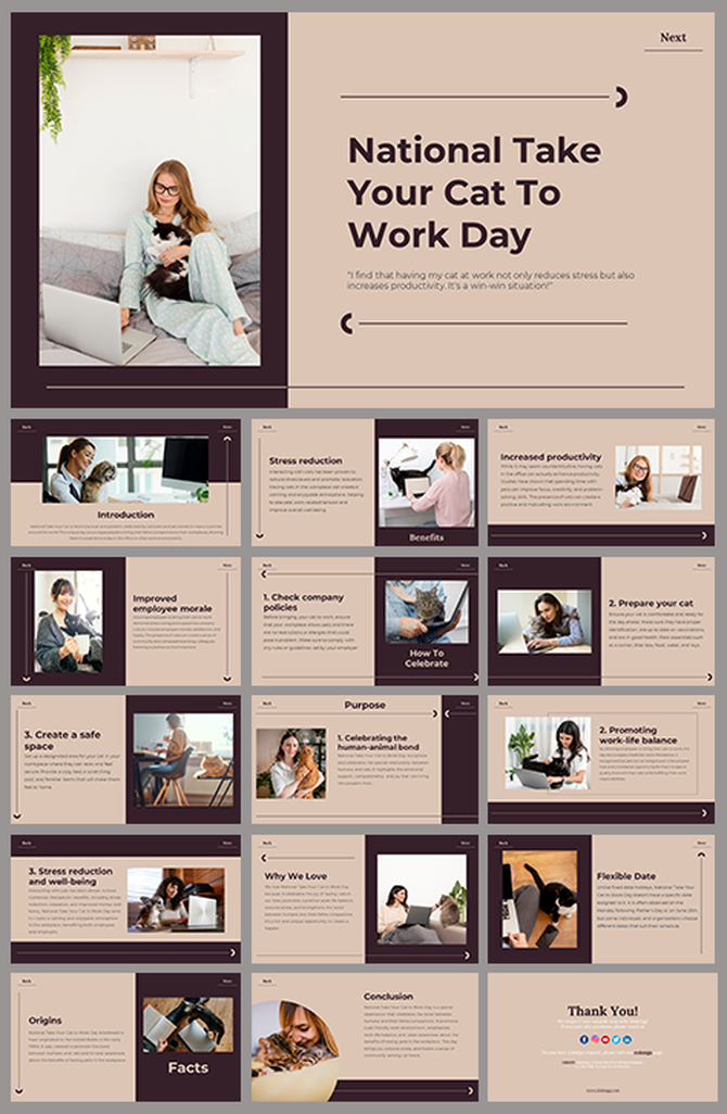 National Take Your Cat to Work Day PowerPoint slides with tips on stress reduction, productivity, and employee morale.