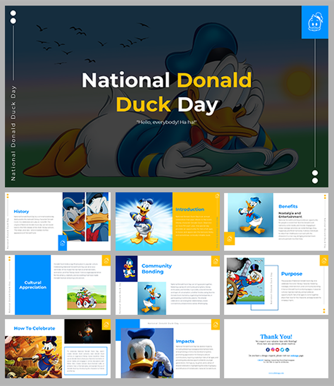 Slide pack with images of Donald Duck, detailing history, benefits, and celebrations in blue, yellow, and white accents.