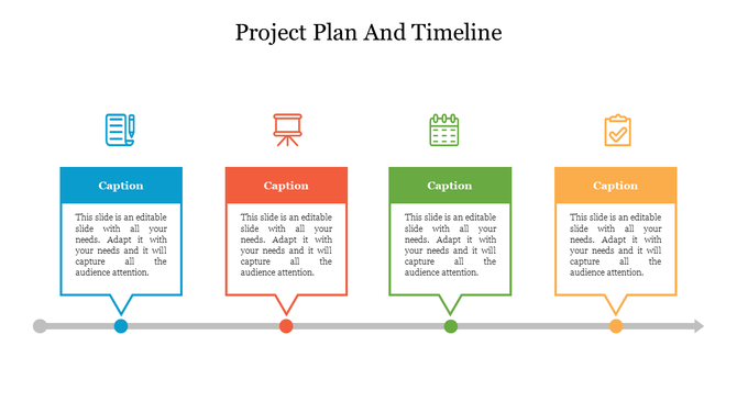 Timeline infographic with color-coded stages and descriptive icons along a horizontal arrow.