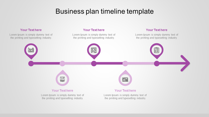 A business plan timeline slide showing key milestones with icons and placeholders for each stage.