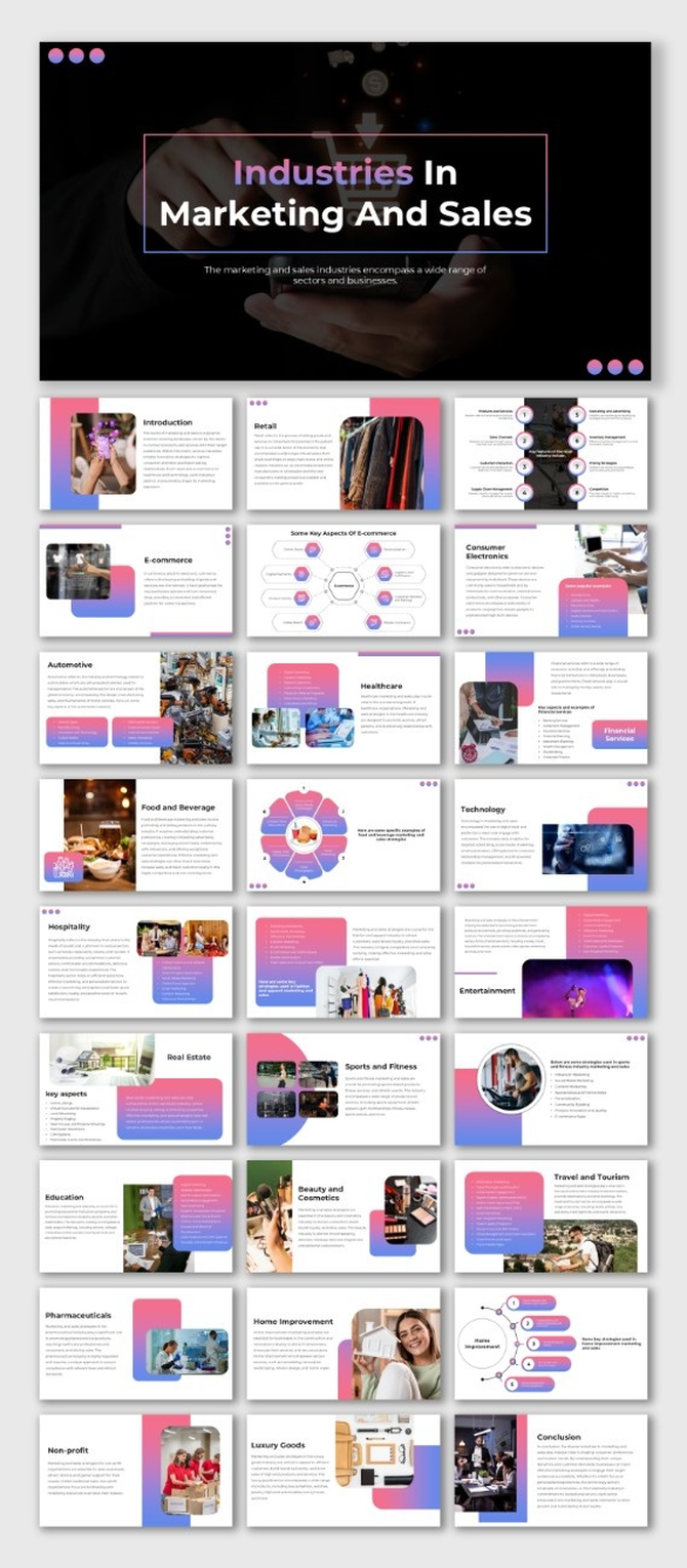 Slide deck exploring marketing strategies across industries such as food, beauty, and sports, using purple and pink accents.