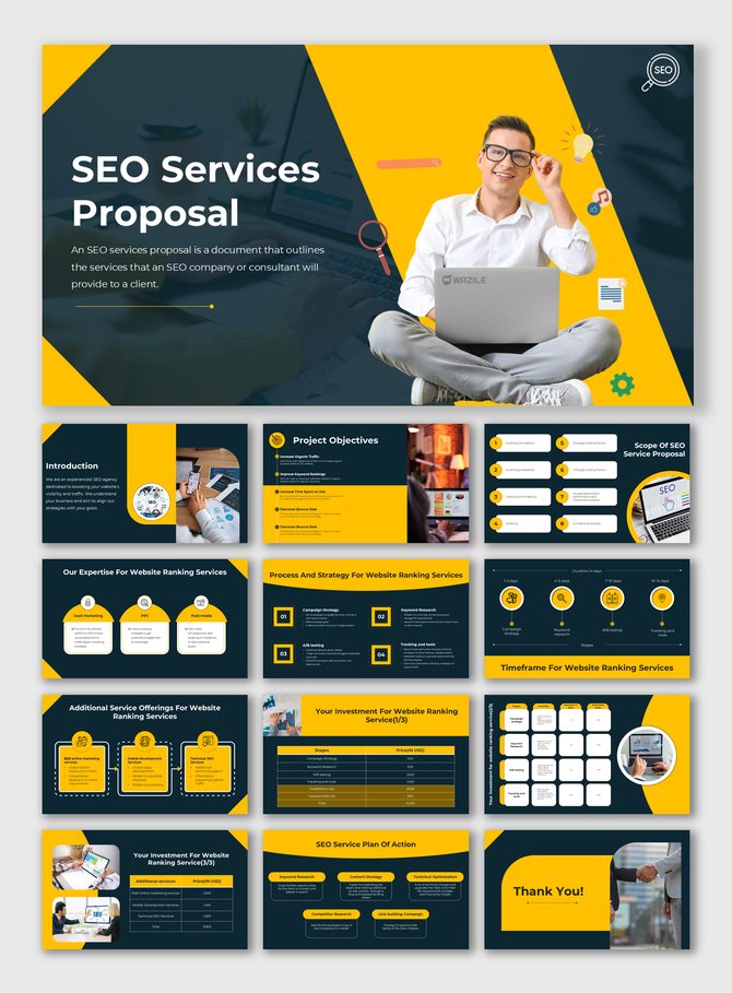 SEO slide deck with a yellow and dark blue theme, featuring sections on objectives, strategies, timeline, and pricing.