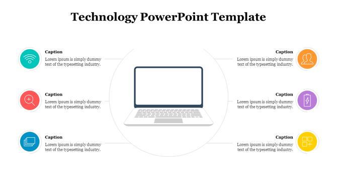 Technology infographic with a laptop surrounded by six icons representing Wi-Fi, users, battery, and applications.