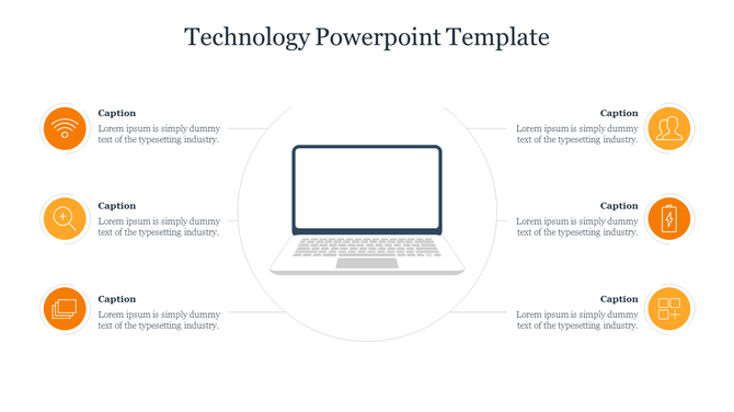 Technology template with a laptop illustration in the middle and six orange icons evenly distributed in a circle.