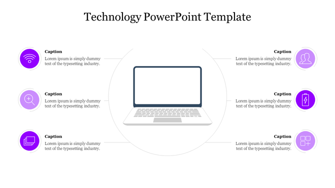 Technology PowerPoint template featuring a laptop in the center with six purple icons around it, each linked to captions.