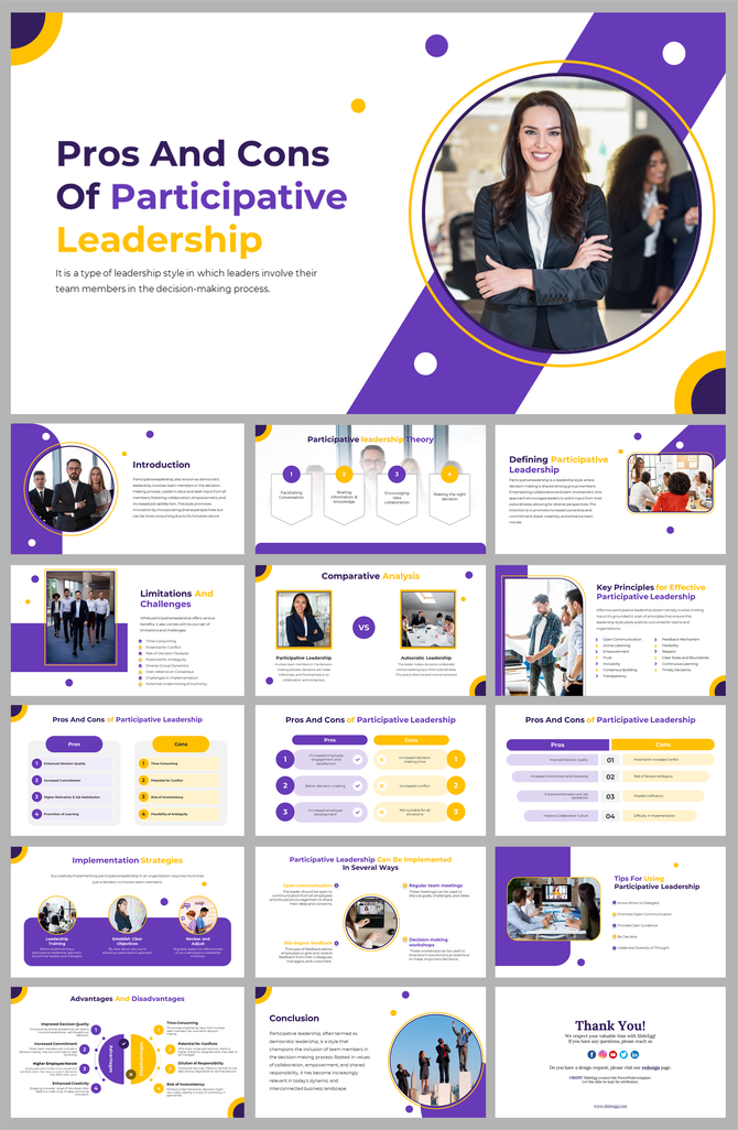 Template covering the pros and cons of participative leadership, with multiple slide deck featuring diagrams.