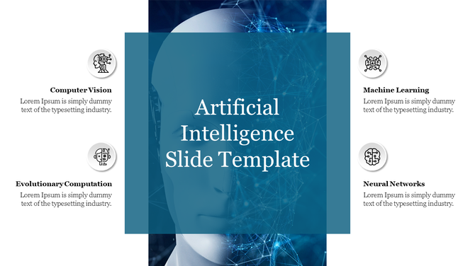 AI themed slide with blue overlay text in center, two icons with captions on each side, and faint robot face image behind.