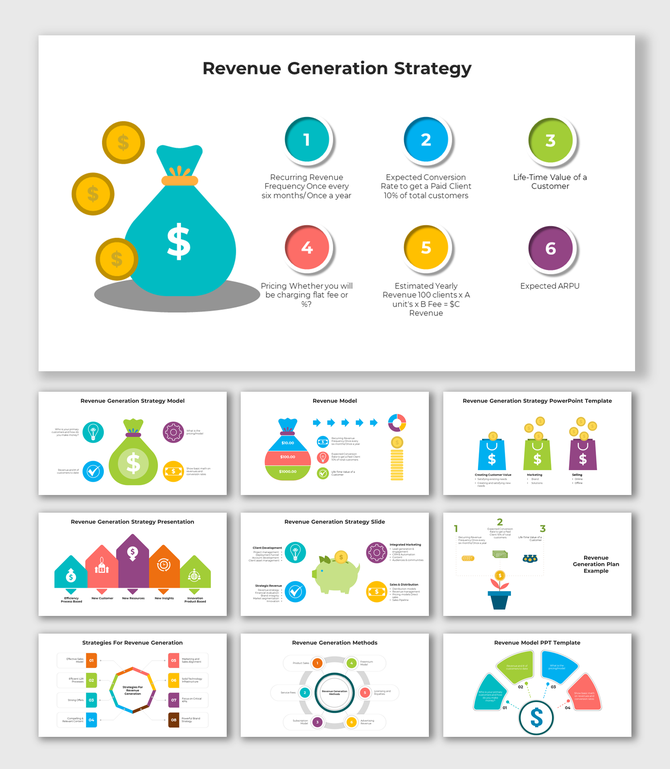 Colorful slide deck with icons and diagrams, detailing revenue generation strategies like pricing, and customer value.