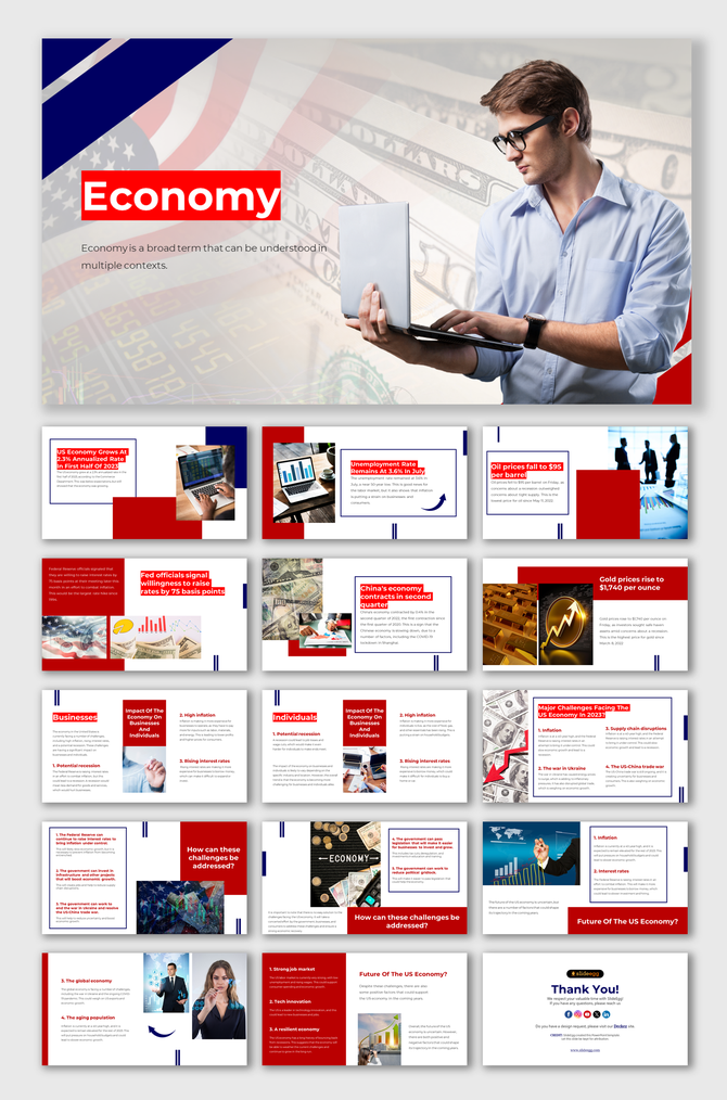A pack of economy of the united states slides featuring a person working on a laptop covers various topics with text.