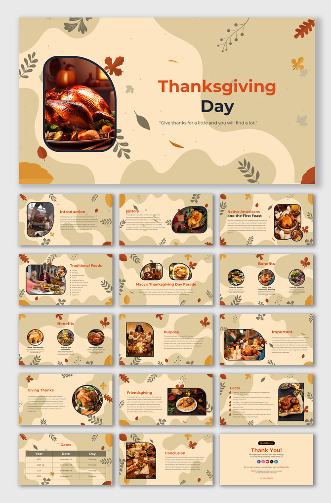 Slide deck celebrating thanksgiving day, with warm autumn tones and sections on history, food, benefits, and traditions.