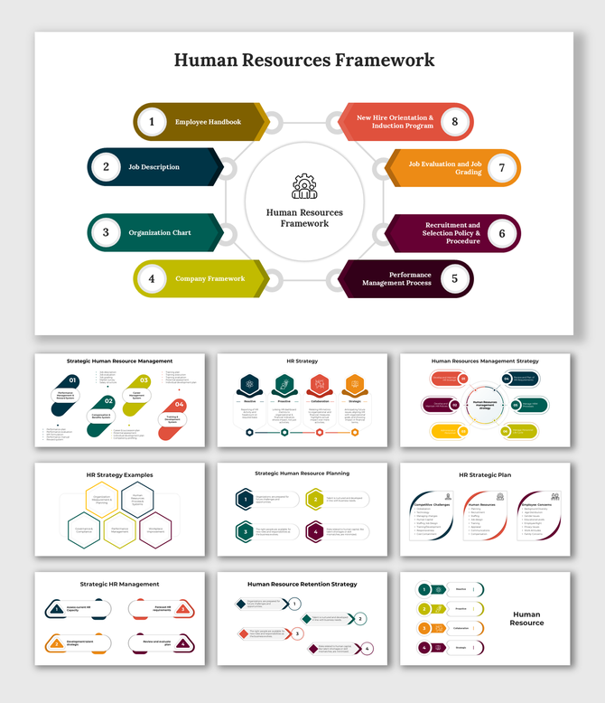 Slide deck showcasing HR frameworks, strategies, and management techniques, with colorful icons and geometric shapes.