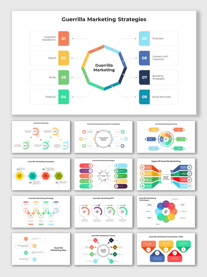 Guerrilla marketing strategies featuring eight labeled sections around a colorful octagon, highlighting a key strategy.