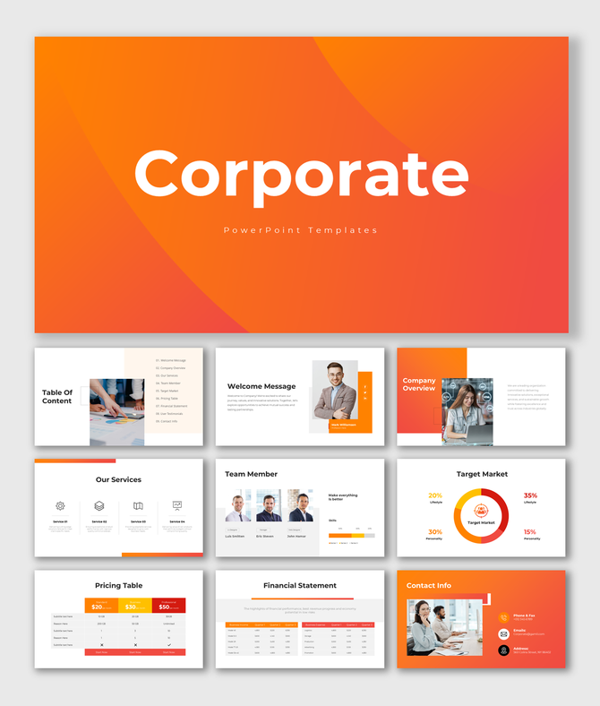 Gradient-themed corporate presentation with slides covering company details, services, team profiles, and pricing strategies