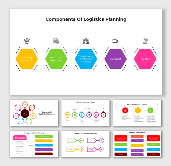 A PPT slides showing the key components of logistics planning in different layout designs and icons.