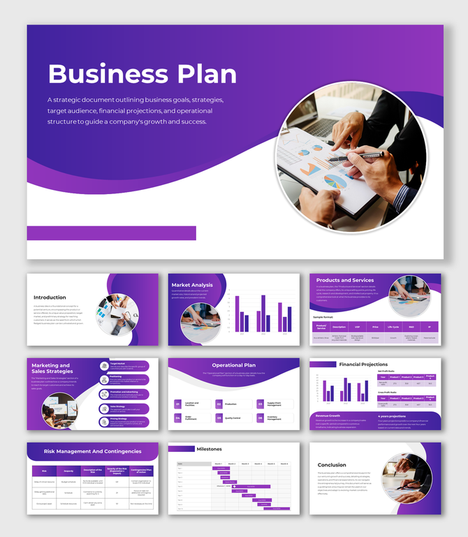 Alt: Overview of a 10-slide Business Plan deck featuring purple layouts for market charts, operational plans, and financials.