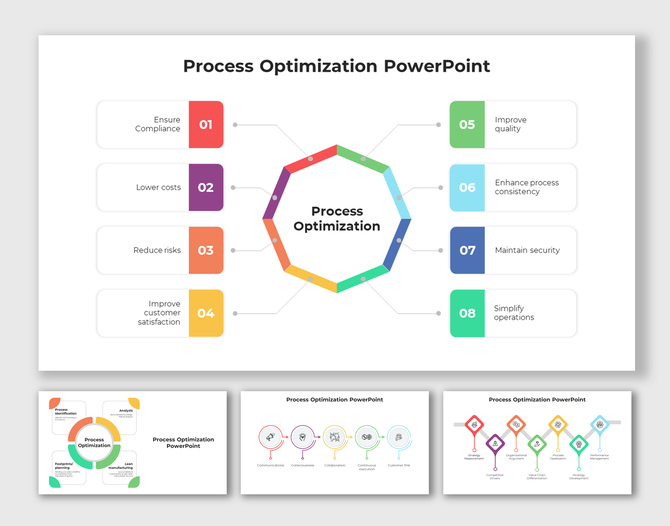 Process optimization layout with a hexagonal center and eight color-coded captions, divided into two columns.
