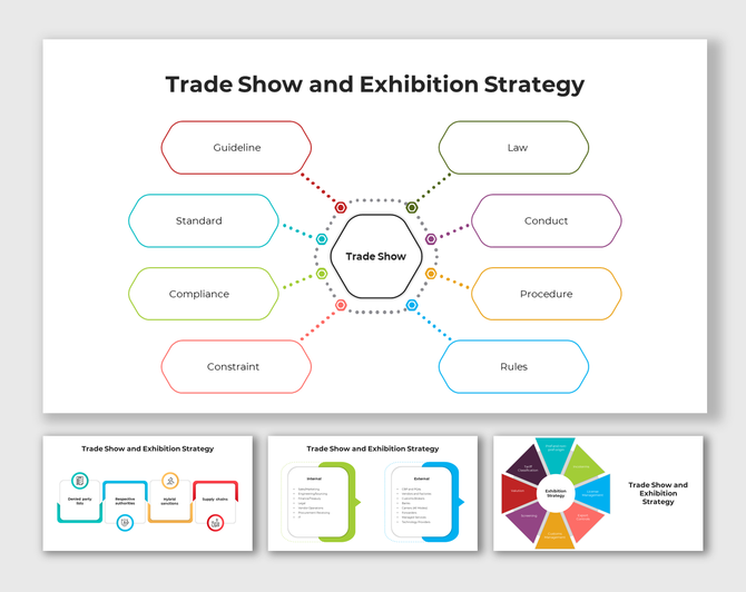 Infographic for a trade show with eight sections connected to a central hexagon, covering topics like laws and guidelines.