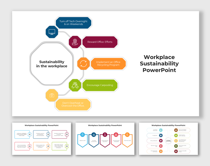 Colorful slide deck on workplace sustainability featuring diagrams with icons representing various eco friendly practices.