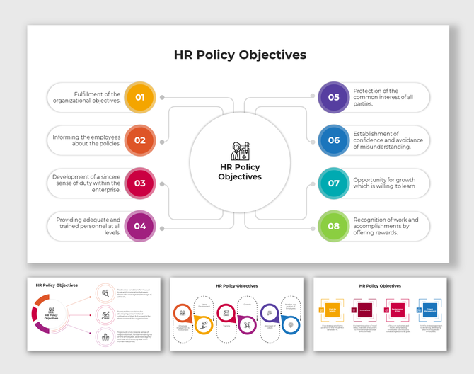 Human resources policy objectives template with a symmetrical layout of eight labeled segments around a central circle icon.