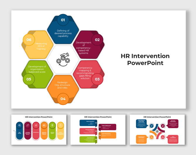 HR Intervention slides showcasing steps for HR processes in different colorful layout designs and icons.