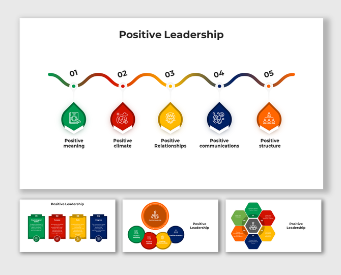 Positive leadership slide deck featuring various layouts, icons, and descriptions, in vibrant colors.