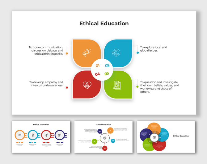 Ethical education layout slides showcasing icons, numbered sections in various colours with caption areas.