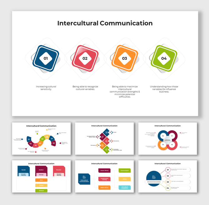 Intercultural communication slides with vibrant geometric shapes illustrating key cultural sensitivity concepts.