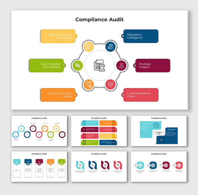 Compliance audit slides with colorful diagrams highlighting components in different colorful layout designs and icons.