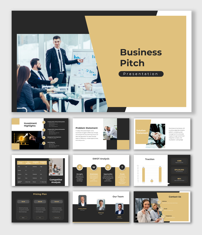 Business pitch PowerPoint with various slides, including investment highlights, problem statement, and competitor analysis.