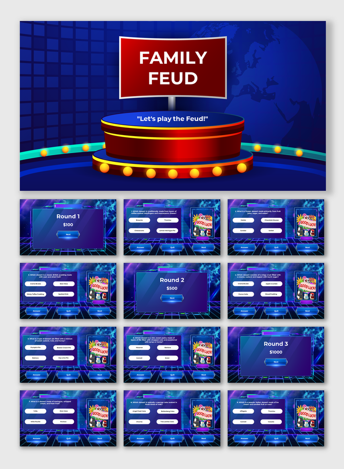 Family Feud game slides featuring multiple rounds with questions, answers, and a virtual game show interface on a blue theme.