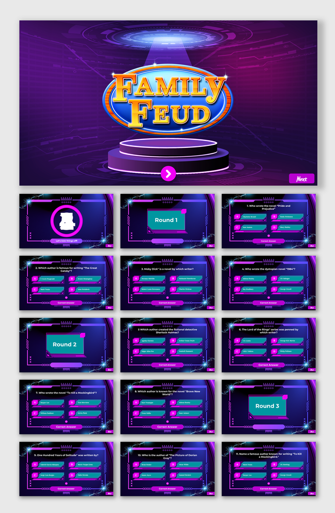 Purple themed family feud slides with futuristic design elements, showing multiple rounds of trivia questions and answers.