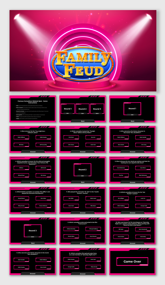 Vibrant pink themed family feud game slide deck featuring spotlight effects and quiz rounds with multiple choice layouts.