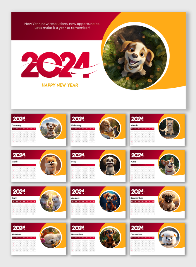 A vibrant 2024 calendar slides with a different cute pet image for each month, celebrating the New Year.