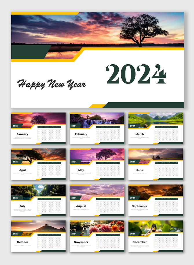 2024 calendar slide deck featuring scenic nature images for each month with corresponding grids below.