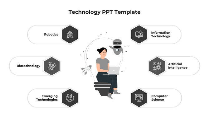 Technology-themed graphic showing a central figure and hexagonal icons for emerging tech fields.