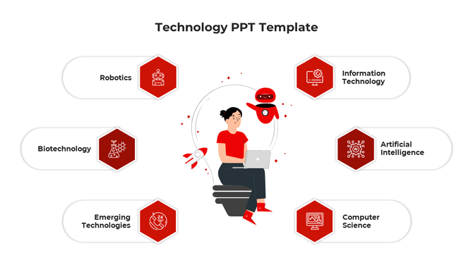 Technology infographic featuring a central illustration of a woman with a laptop, surrounded by six red hexagonal icons.