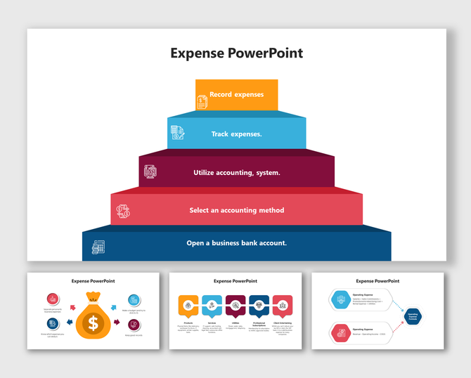 Pyramid chart highlighting five steps of expense management, with slides below showing different shapes in avrious colours.