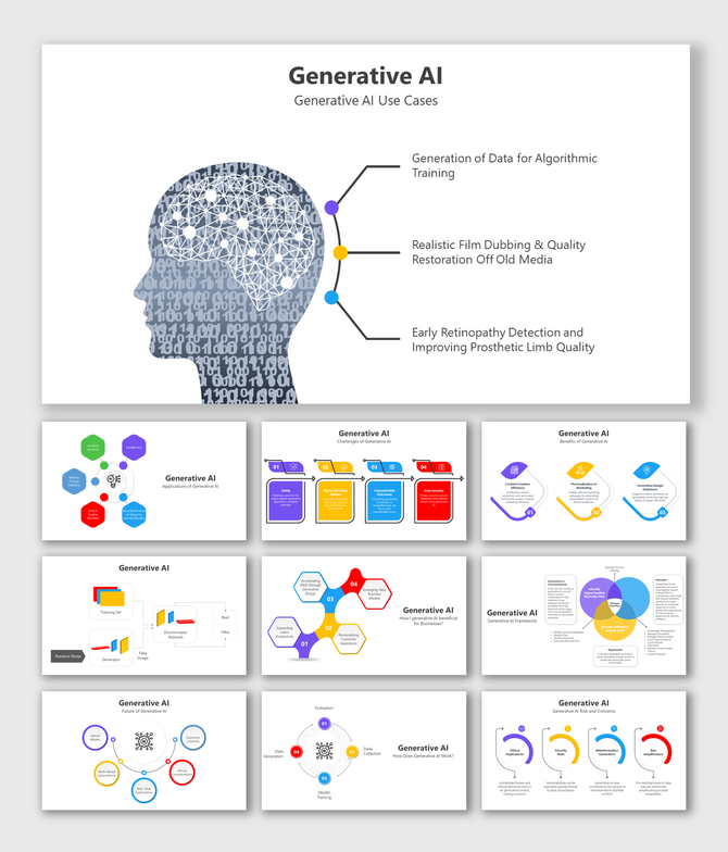 Infographic on generative AI slides showcasing many colorful different layout designs and icons with text descriptions.