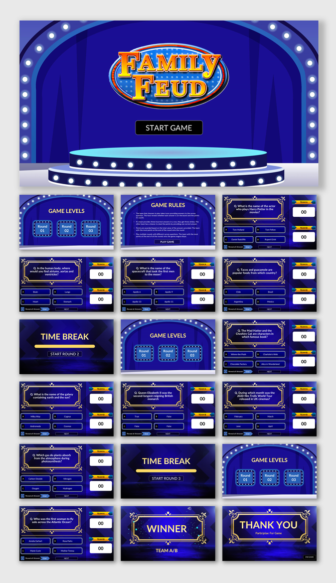 Family feud game, featuring question and answer choices, game level progression, time break, and a final winner announcement.
