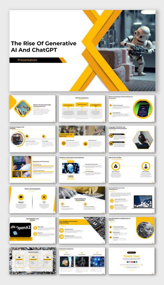 Generative AI and ChatGPT slide deck featuring images of robots, customer support, and ethical use, with yellow accents.