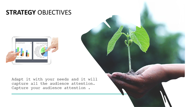 Slide showing strategy objectives with a hand holding a plant sprout and a tablet displaying colorful charts.