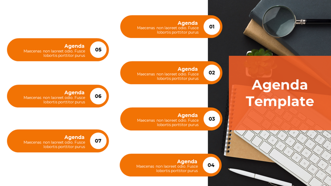 Professional agenda template with seven orange sections and text, featuring a workspace image on the right.