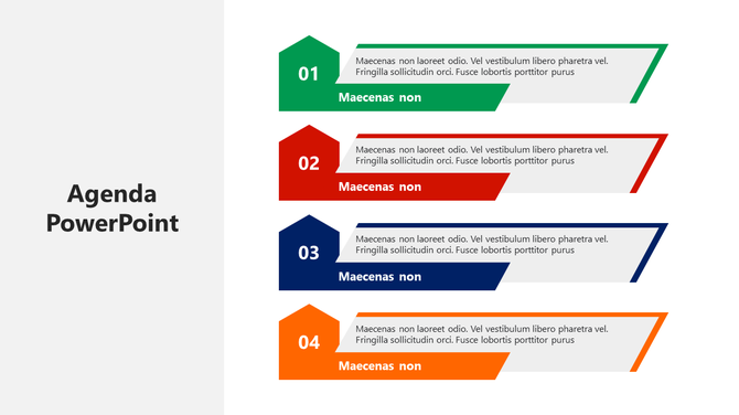 Agenda PowerPoint PPT slide with numbered sections and colored blocks for each agenda item.