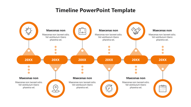 Timeline PowerPoint slide featuring six steps with orange icons with placeholder text along with years.